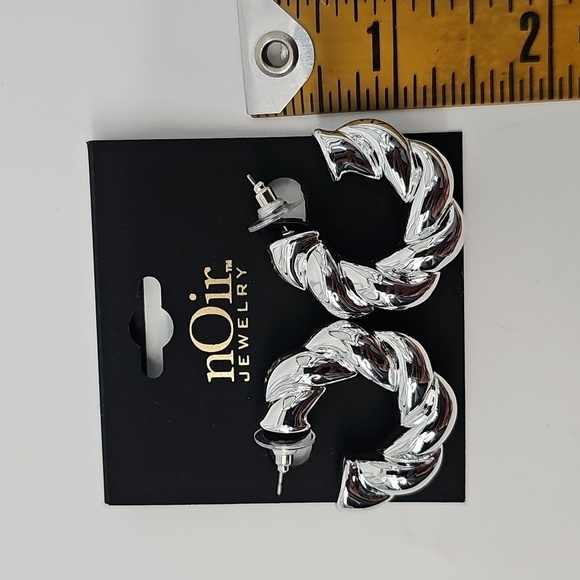 nOir Thick Chunky Shiny Faux Silver Twisted Hoop Lightweight Statement Earrings - Picture 7 of 8
